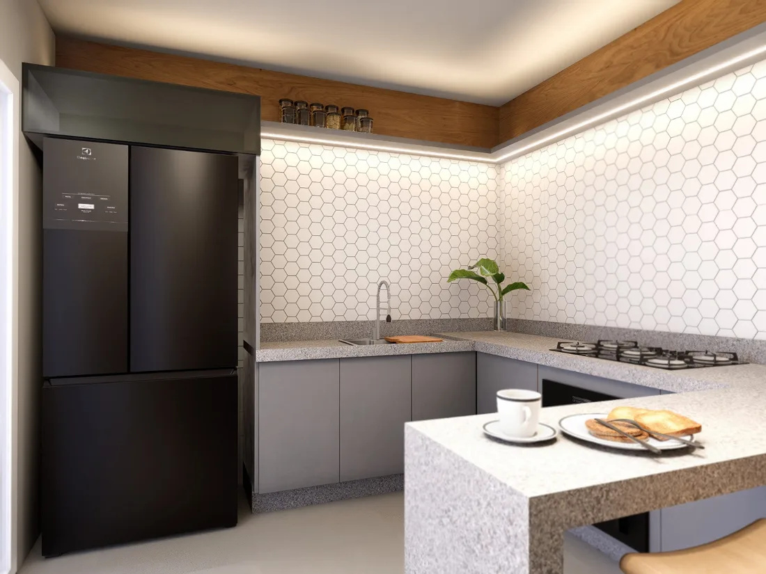 Cozinha planejada com acabamento sofisticado